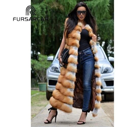 FURSARCAR Real Fox Fur Vest Women Winter Genuine Gold Fox Fur Vest 120 CM Long High Quality Natural Female Gold Fox Fur Gilet