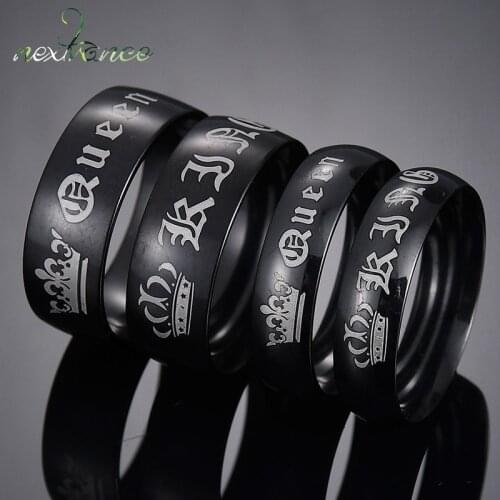 Nextvance Black Her King His Queen Solid Ring Stainless Steel Crown Words Engraved Couple Rings For Anniversary Gift