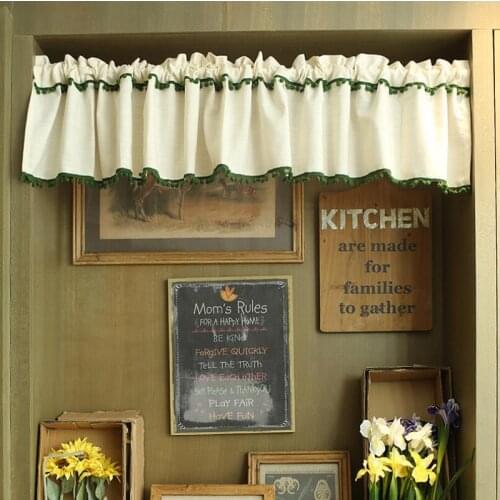 American Style Kitchen Short Curtain Beige Tulle Coffee Curtain Ball Pompom Hem Half-curtain for Cabinet Door Coffee Decoration