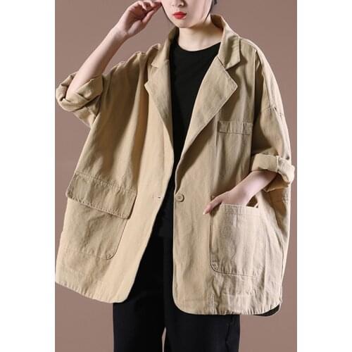 LDKVGSU Women Vintage Suit Jacket Solid Color Cotton Blend Turn-down Collar 2021 Spring New Japan Style Button Pockets Coats 179
