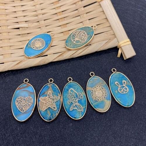 Natural Stone Blue Shoushan Stone Pendant Lake Blue Oval Metal Edging Tree of Life Animal Pattern Pendant for Jewelry Making