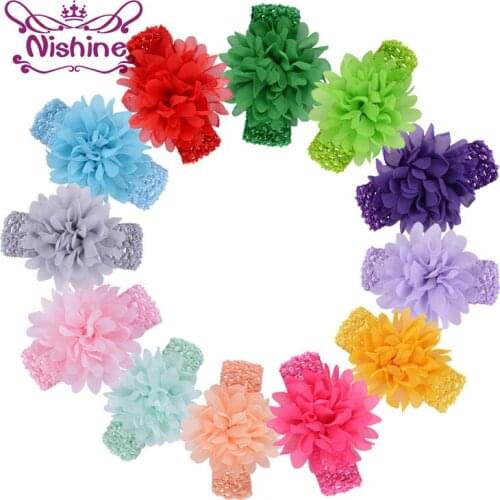 Nishine 18 Colors Girls Crochet Headband Chiffon Flower Headbands Chic Hair Weave Band Kids Headwear Hair Accessories