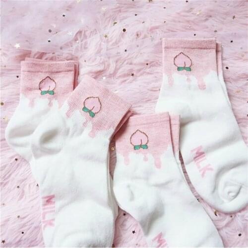Milk fruits peach apple cartoon lovely girl funny cute women socks ukraine calcetines skarpetki kawaii chaussette sokken hot