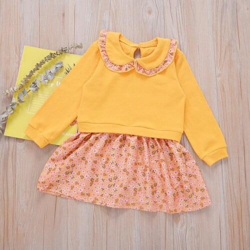 Autumn girls stitching doll collar long-sleeved dress sweet print princess dress toddler girl fall clothes
