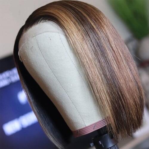 Highlights Colored Human Hair Lace Front Wigs Straight Short Bob Brazilian Remy Natural Hairline Glueless Wig with Baby Hair