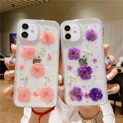 Luxury Glitter Real Dry Flowers Case For iPhone 11 12 Pro Max 7 8 Plus X XR XS Max 12 Mini SE 2020 Clear Shockproof Back Cover