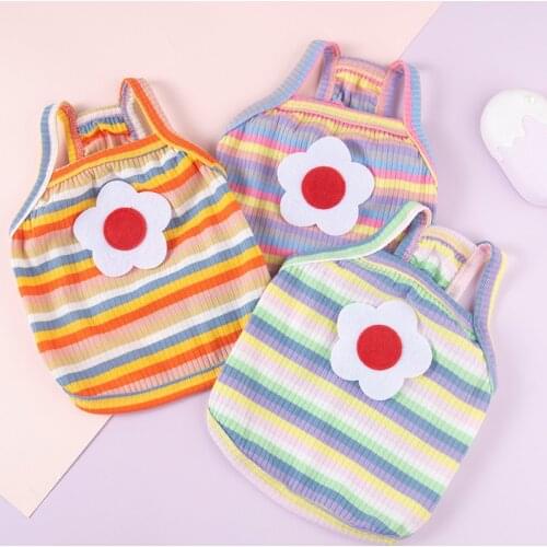 Dog Rainbow Stripe Shirts with Flower Pet Clothes Soft Puppy Summer Basic Striped T-Shirts Camisole Vest Outfit for Dogs Cats