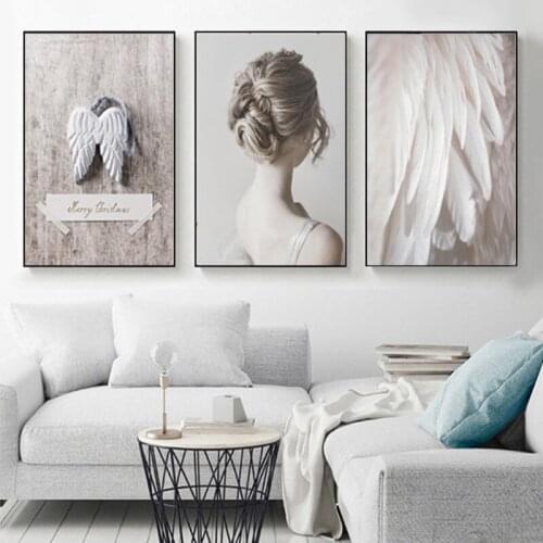 Nordic Modern Feather Poster Wall Art Canvas Painting Girl And Wings Picture HD Print For Study Room Home Decor No Frame