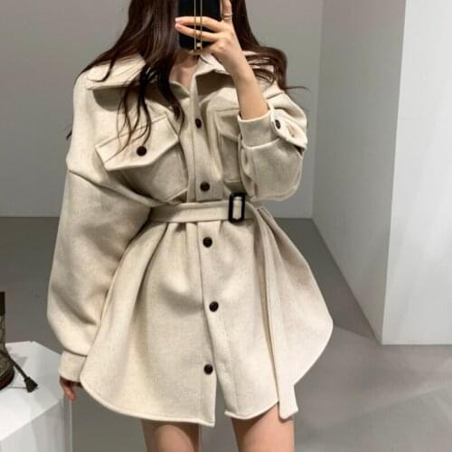 JMPRS Thick Women Blends Wool Coat Vintage Single Breasted Tunic Belt Female Long Woolen Clothes Black Slim Ladies Warm Outwear