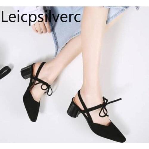 Pumps Spring and autumn The New Fashion Flock Square head Shallow mouth Lace-up Thick heel mid heel Womens shoe plus size 31-43