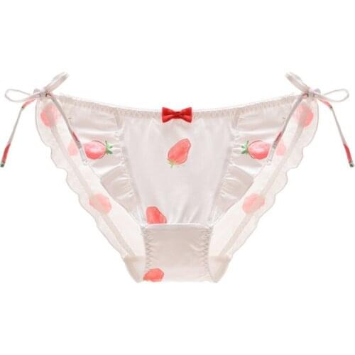 Milk Silk Strawberry Print Sexy Lacing Women Panties Seamless Ruffle Low Waist Girl Underwear Bandage Cute Lovely Female Breifs
