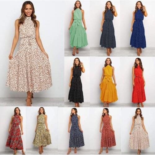 Summer Polka Dots Floral Print Long Dress Casual Sleeveless Halter Dresses Sexy Strapless New Sundress Women Vacation Clothes