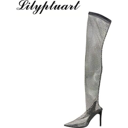 2020 European and American style sexy diamond fishnet stockings pointed high-heeled womens shoes high-heeled womens boots