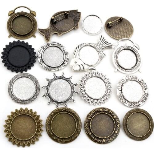 5pcs 20mm Inner Size Antique Silver Plated And Antique Bronze Colors Plated Brooch Pin Multi Styles Cabochon Base Setting