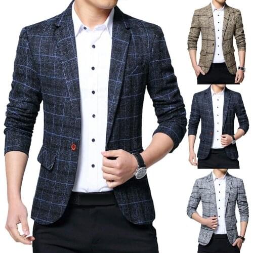 50%HOT Fashion Men Plaid Lapel SlimS1 FitS1 Blazer Jacket Coat One Button Business Suit