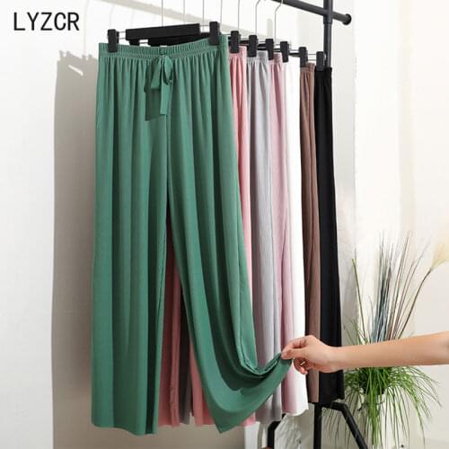 Summer Wide Leg Ice Silk Pants Women Loose High Waist Modal Straight Pants For Women Green Black Casual Elastic Pant Female