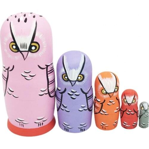 5Pcs/Set Wood Russian Nesting Dolls Hand-painted Ornament Wood Cartoon Owl Matryoshka Dolls Set for Kids Gift Crafted Home Decor