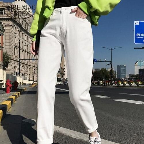 High Waist Jeans Women Plus Size Jeans Casual Autumn 2021 Cotton White Black Harem Women Denim Trousers Solid Blue Beige 10388