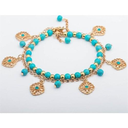 2pcs/set Ethnic Bracelets for Women Gold Tone Hollow Flower Charm Bracelet Green Bead bracelets Fashion Jewelry