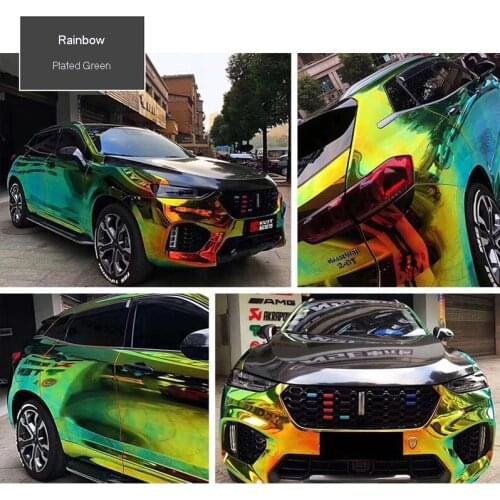 AuMoHall 16mx1.35m Holographic Green Rainbow Neo Chrome Car Body Vinyl Wrap Film Roll Sticker Decals for Hatchback Wrapping