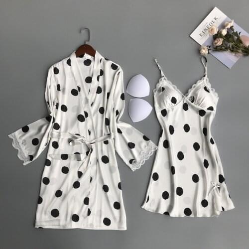 Womens Summer pj Two-piece Robe Set Sleepwear Night Sets Lingerie Kimono Silk Satin Bathrobe And Nightdress Suit Gown Homewear