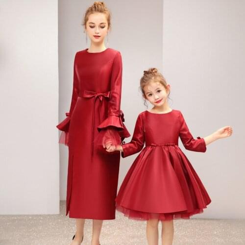 Caustom made wine red three quarter sleeve bow ball gown dress children girls party dress