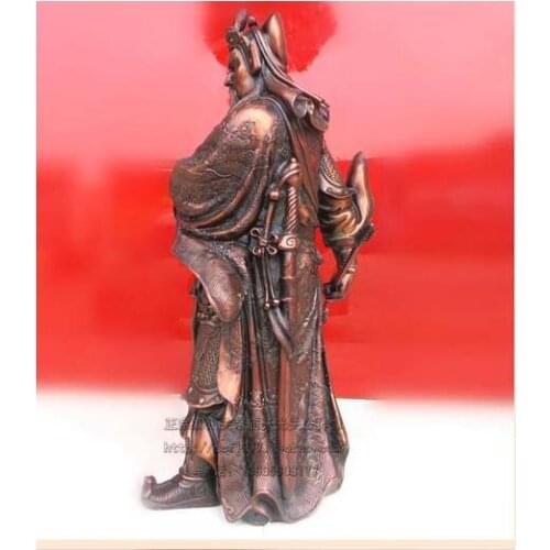 Classic Copper Bronze Feng Shui Dragon Guan Gong GuanYu Hold Dragon Sword Statue