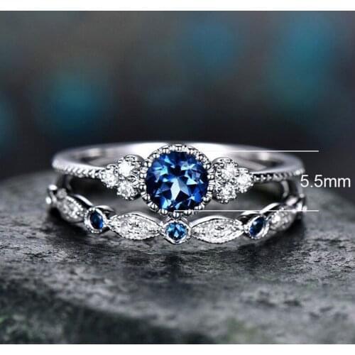 2Pcs/Set Luxury Green Blue Stone Crystal Finger Rings For Women Sliver Color Wedding Engagement Bands Jewelry Gifts
