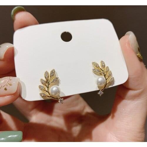 Korean Earrings Fashion Jewelry Leaf Simulation Pearl Crystal Statement Earrings Stud Earrings For Women Oorbellen Wholesale