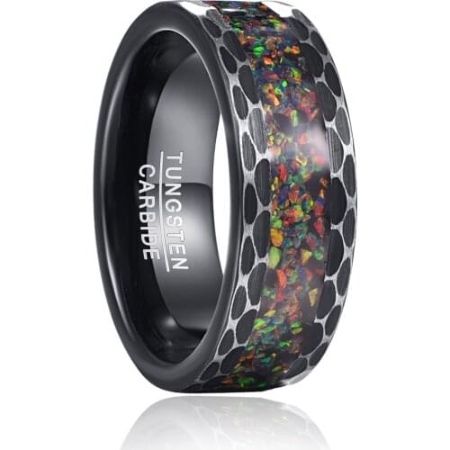 Edge Batch Flower Brushed Inlaid Opal Mens Tungsten Carbide Ring Black Carbon Bague Homme for Mariage Wedding Jewelry