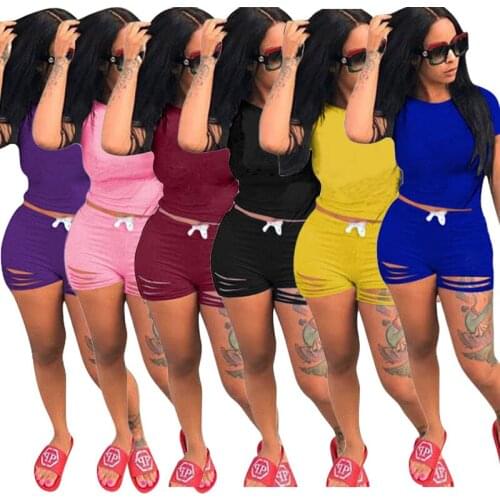 Summer Women Two Piece Set Hollow Out Hole O-neck T-shirt Shorts Suit Navel Fashion Casual Shorts Suit Sports Tracksuit Outfit