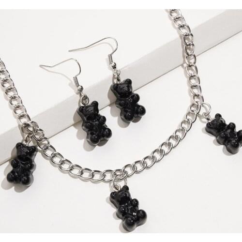 Sweet Black Bear Necklace Dangle Earrings for Women Fashion Charm Pendant Cute Jewelry Set Accessories