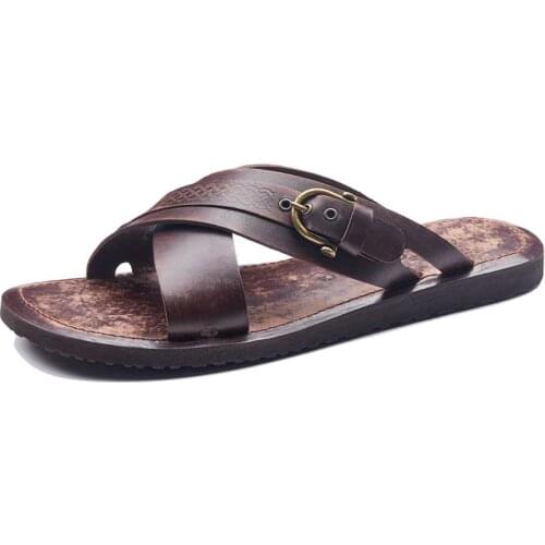 Handmade Mens Leather Slide Open Toe Buckle Sandals