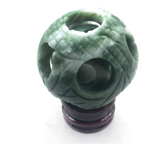 Natural Handmade Green Jade Ball Hollow Out China Magic Puzzle Jade Ball Fengshui Quartz Crystal Ball Home Decoration Wood Stand