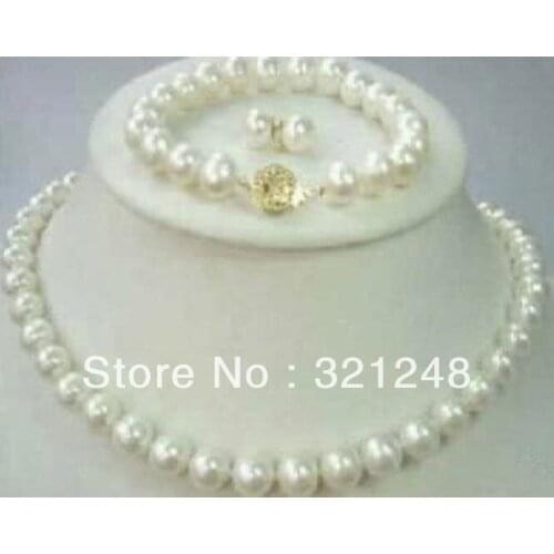 Natural 9-10mm white freshwater pearl beads necklace bracelet earring jewelry sets high grade women jewelry 18"/7.5"MY2074