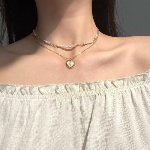 LATS New Sweet Vintage Multi-layer Pearl Necklace for Women Gold Color Heart-shaped Chain Choker Necklaces Fashion Jewelry