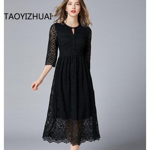 TAOYIZHUAI 2019 new winter womens black color dress large size L openwork jacket and fan-shaped womens lace long dress 16212