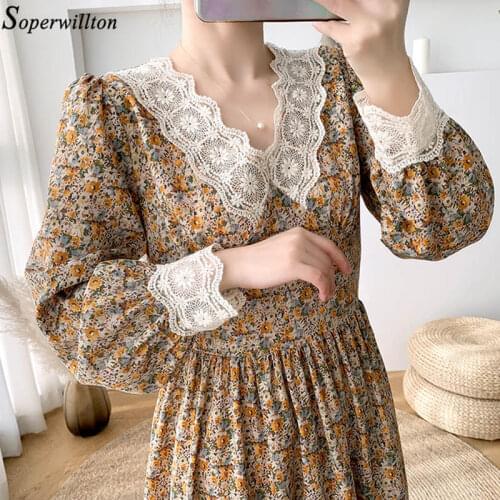 Dresses for Women Floral Print Lace Neck Dress Lady Long Sleeve Spring Autumn Sweet Midi Dresses Female Vestidos Vintage Party