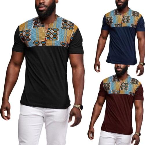 S-5XL Patchwork Kente T-Shirt Short Sleeve Mens African Print Tops Cut Sew Tees Shirt V Cut Neck Wear For Men Black Plus Size