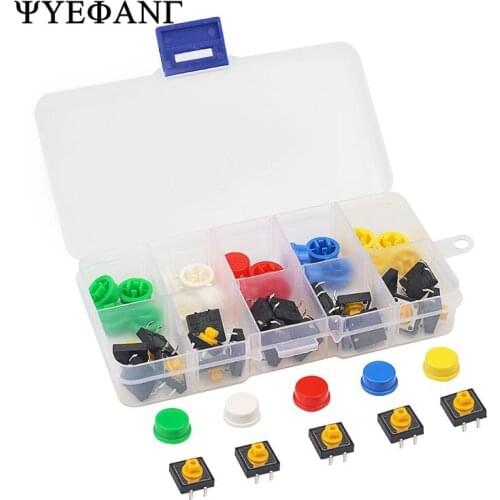 25PCS Tactile Push Button Switch Momentary 12x12x7.3MM Micro switch button + 25PCS Tact Cap(5 colors) for Arduino Switch