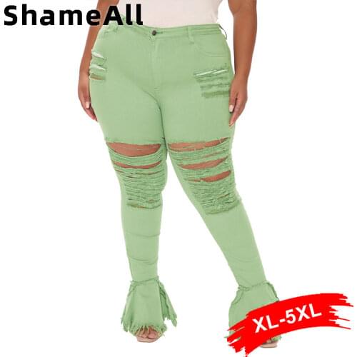 Plus Size Ripped Holes Green Patchworked Flare Jeans 4XL Street Club High waist Black Sexy Hollow Hip Push Up Denim Bell Bottoms