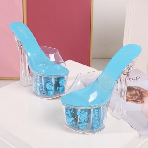 Women Slipper Shoes Thick Heels Super High heels 17cm Roses Waterproof Fishmouth Sandals Transparent Crystal Shoes Wedding Shoes