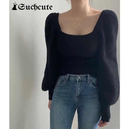 SUCHCUTE Autumn Streetwear Square Collar Sweater Slim Outfits Jumper For Women Korean Style Lantern Long Sleeve Pullover
