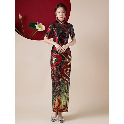 Fashion Sequins Embroidered Evening Dress Side-Slit Formal Occasion Women Party Gowns Short-Sleeve Tea-Length China Cheongsam