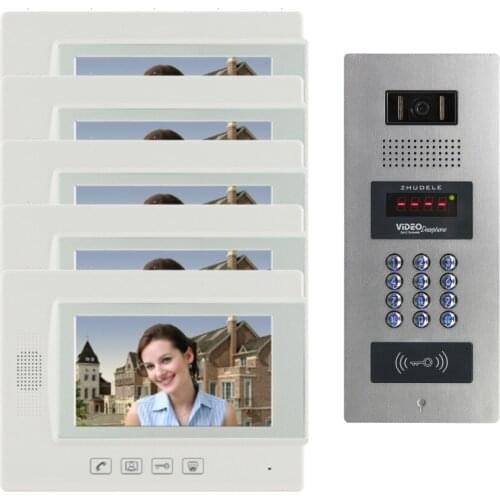 ZHUDELE Top Quality Building Multi-apartment 7" TFT Monitor Video Door Phone Video Intercom System for 5 Homes Available