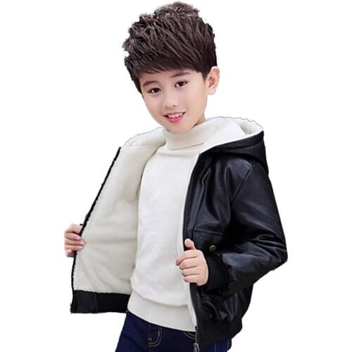 Winter PU Leather Jacket For Boy New 2021 Korean Version Plus Velvet Thickening Fashion Hooded Handsome Slim Childrens Clothing