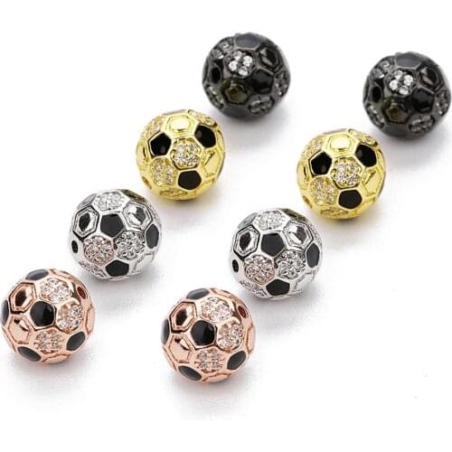 1X Round Copper Beads Handcraft Bead Charm Soccer Ball Football Charms Cubic Zircon Bead Fit Fashion Bracelets Women DIY Jewelry