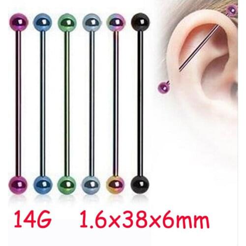 2 Piece 1.6x38x6mm 14G Fashion Stainless Steel Long Industrial Straight Barbell Neon Candy Color Ear Piercing Body Jewelry