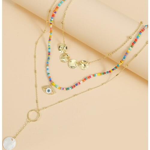 3 Pcs/Set 2020 Fashion Bohemian Ethnic Round Metal Shell Evil Eye Pendant Necklaces Women Handmade Beaded Chain Layered Necklace