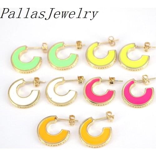 5Pairs, Enamel Stud Earrings Neon Green Yellow Bright Fluorescent Jewelry Geometric Round CZ Gold Color Earring